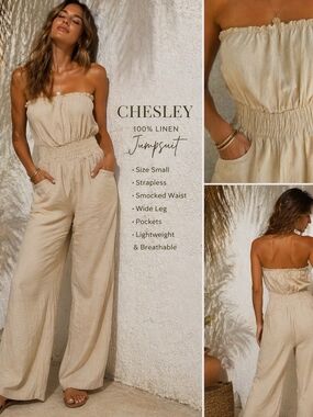 Chesley Linen Jumpsuit Small Strapless Wide Leg Boho Beige Pockets